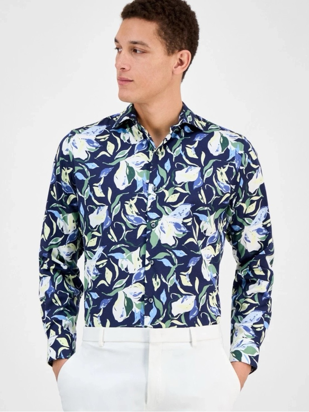 Bar III Navy Floral Print Long-Sleeve Button-Down Shirt